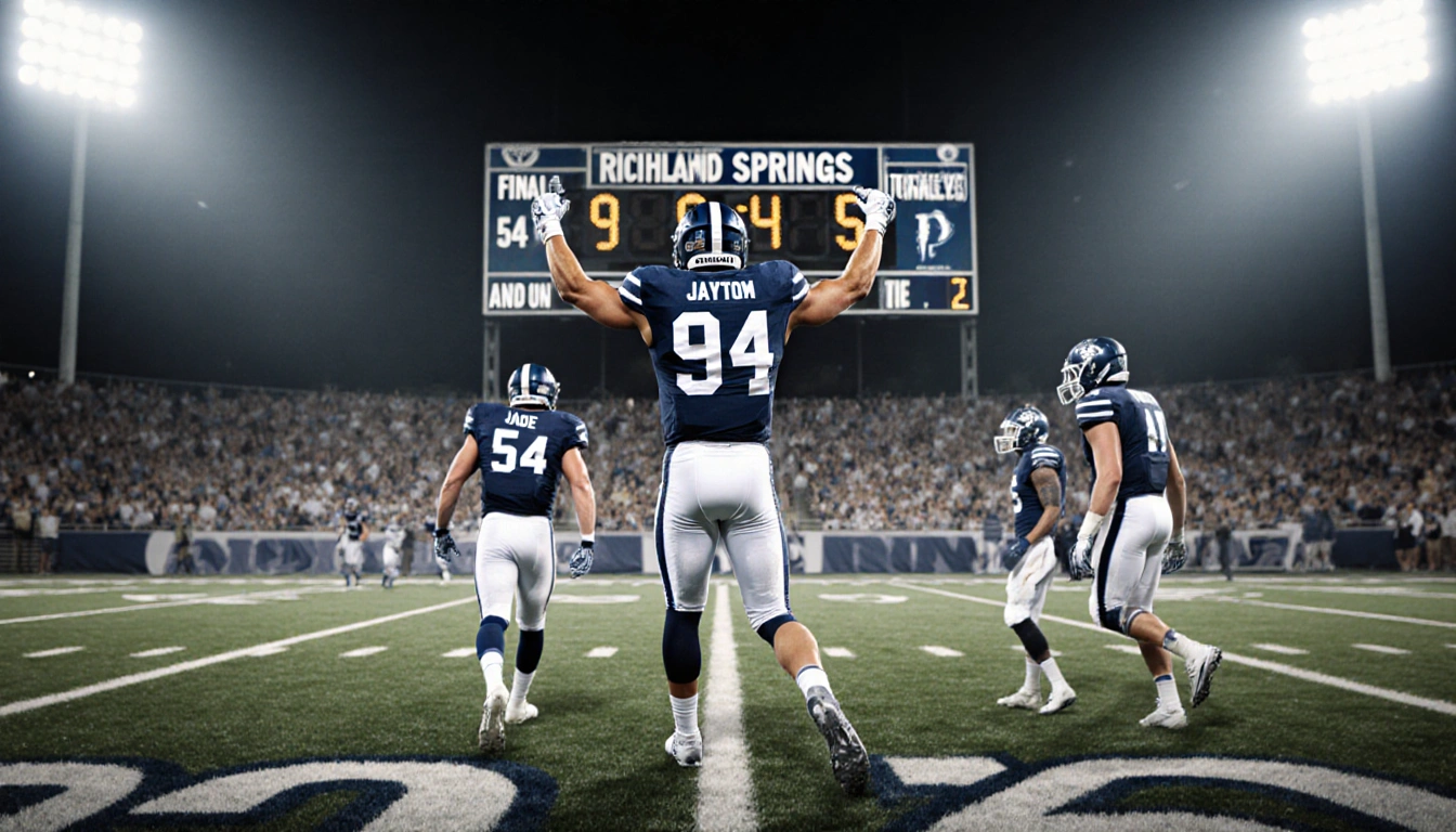 Bode Ham standing triumphantly in the end zone with 98 and scoreboard 99-54 as Richland Springs players walk off lights