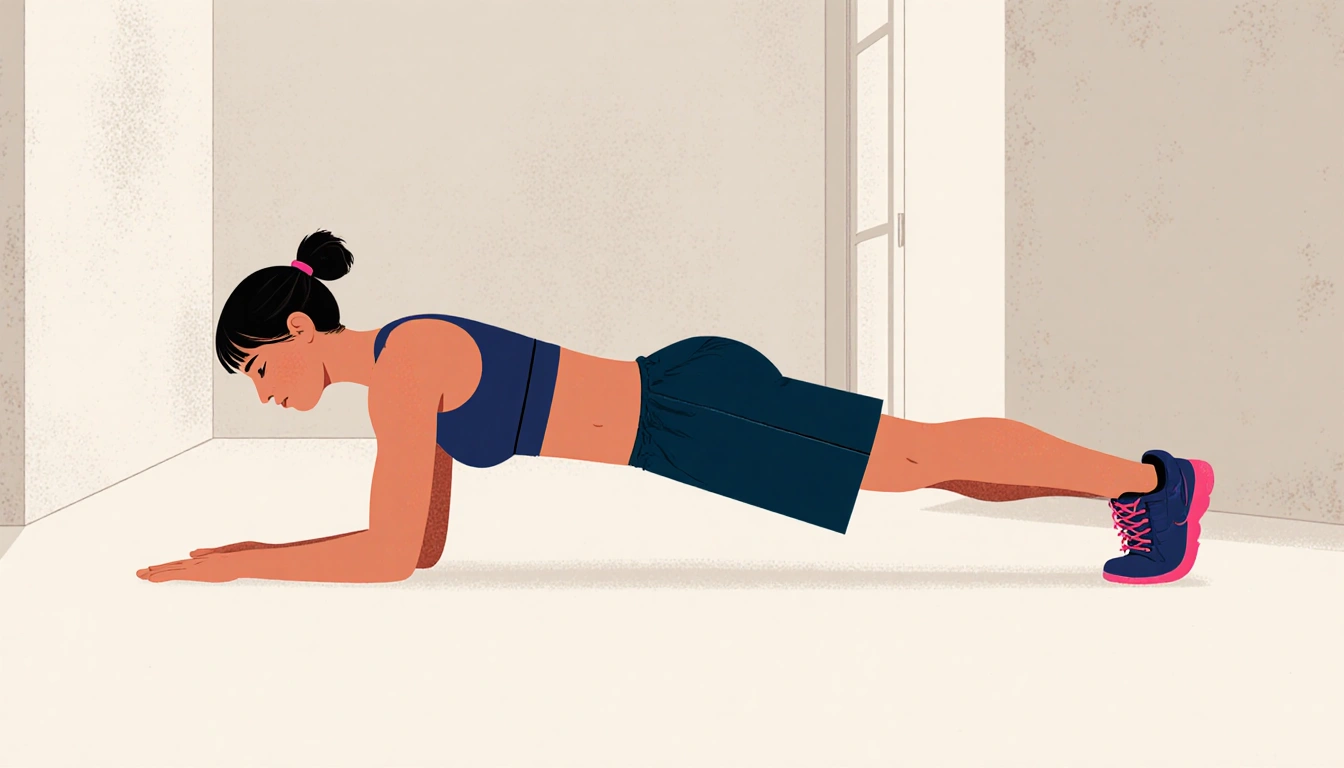 Fit person doing bodyweight calisthenics with neutral walls and subtle floor texture in a minimalist home workout space