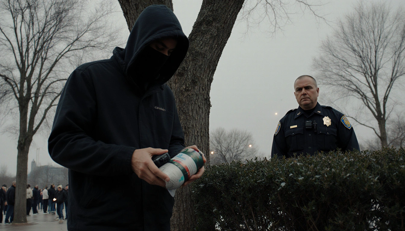Garza hands bomb-making kit and video recorder with an undercover officer watching from behind a tree in a snowy Dallas park.