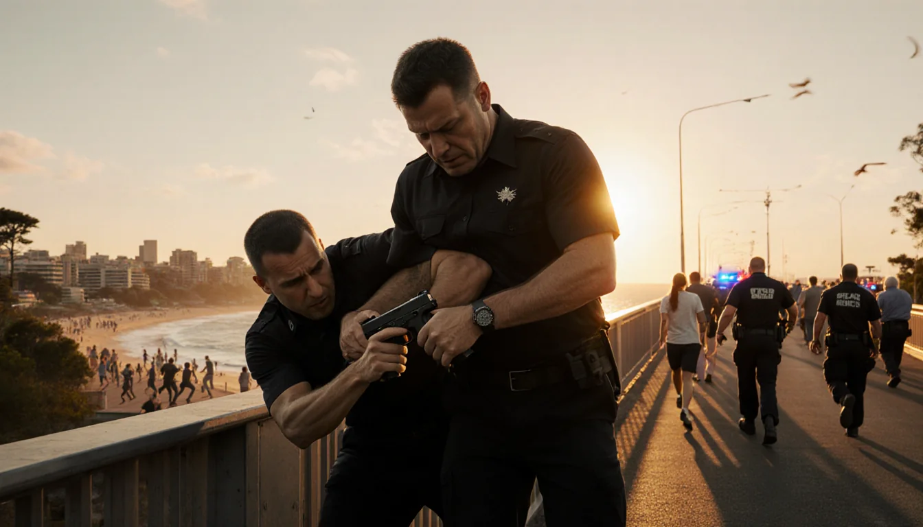 Man tackling the gunman disarms him with the gun falling to the ground near Sydney's Bondi Beach at sunset