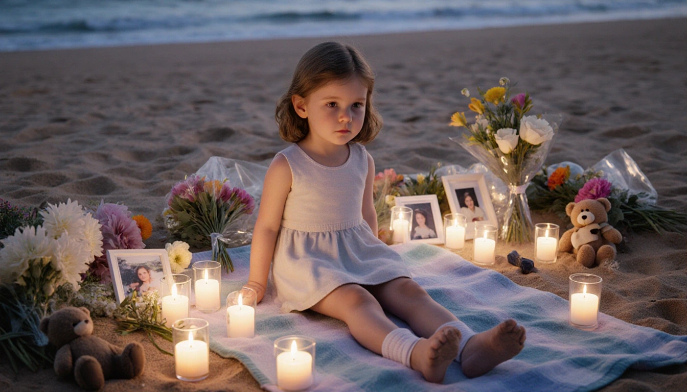 10-year-old girl Matilda sits on a beach towel with flowers and candles in a tranquil Bondi Beach memorial.