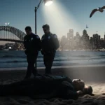 Police officer standing over handcuffed Naveed Akram with a spotlight and mist at dawn on Bondi Beach
