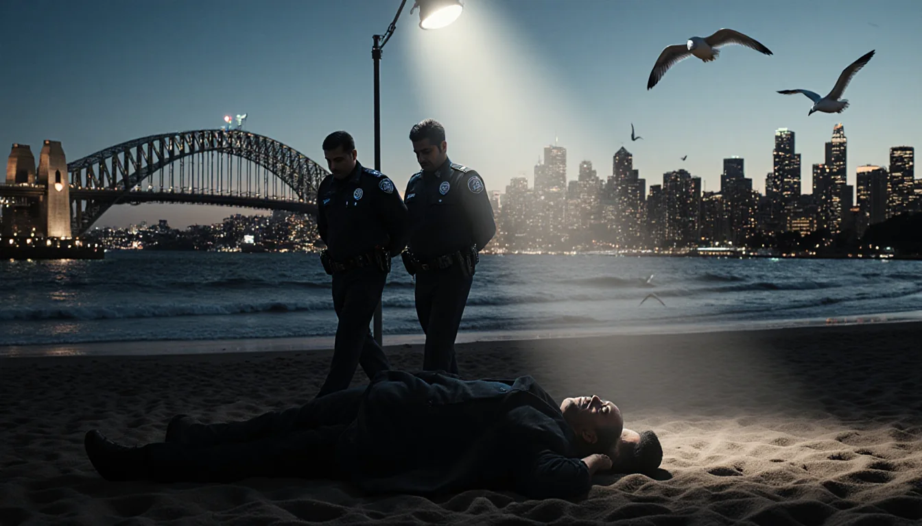Police officer standing over handcuffed Naveed Akram with a spotlight and mist at dawn on Bondi Beach