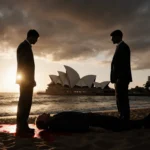 Son standing beside fallen father with blood pool and dark clouds over Sydney Opera House at sunset.