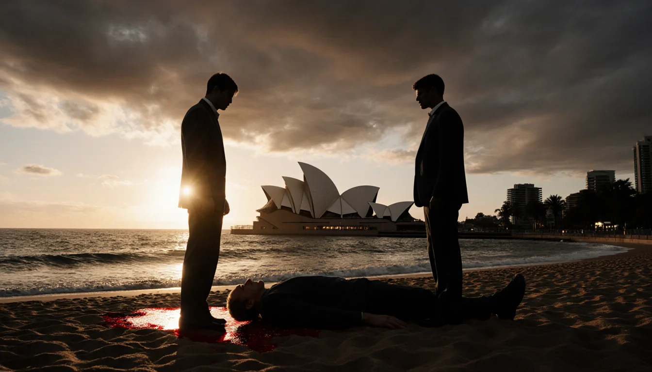 Son standing beside fallen father with blood pool and dark clouds over Sydney Opera House at sunset.
