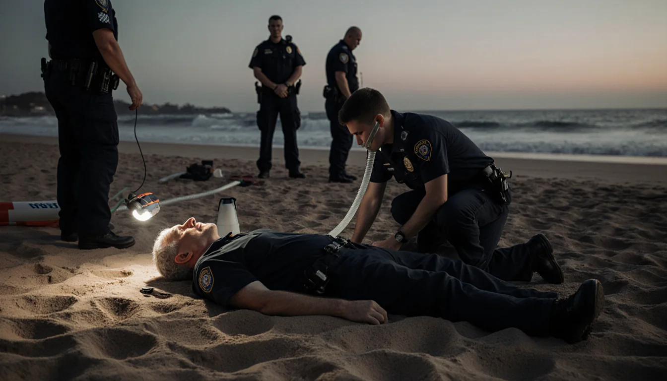 Father lies motionless on Bondi Beach sand with ambulance light and son beside him and paramedics nearby