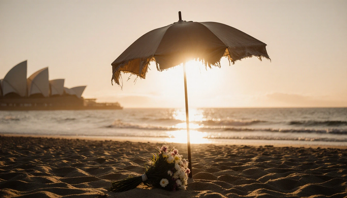 Umbrella standing beside abandoned bouquet with sunset casting warm light on sand