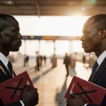 Officials standing at a border crossing holding passports with stern faces and a tension‑filled checkpoint behind.
