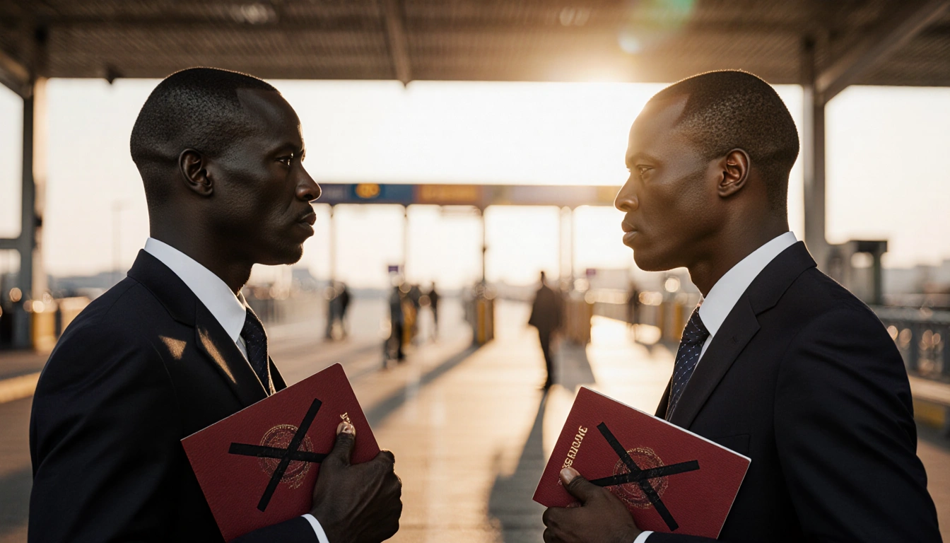 Officials standing at a border crossing holding passports with stern faces and a tension‑filled checkpoint behind.