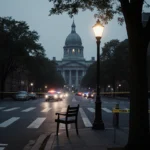Empty chair sits on a bench with police tape across a Boston intersection and the silhouette of Brown University behind.