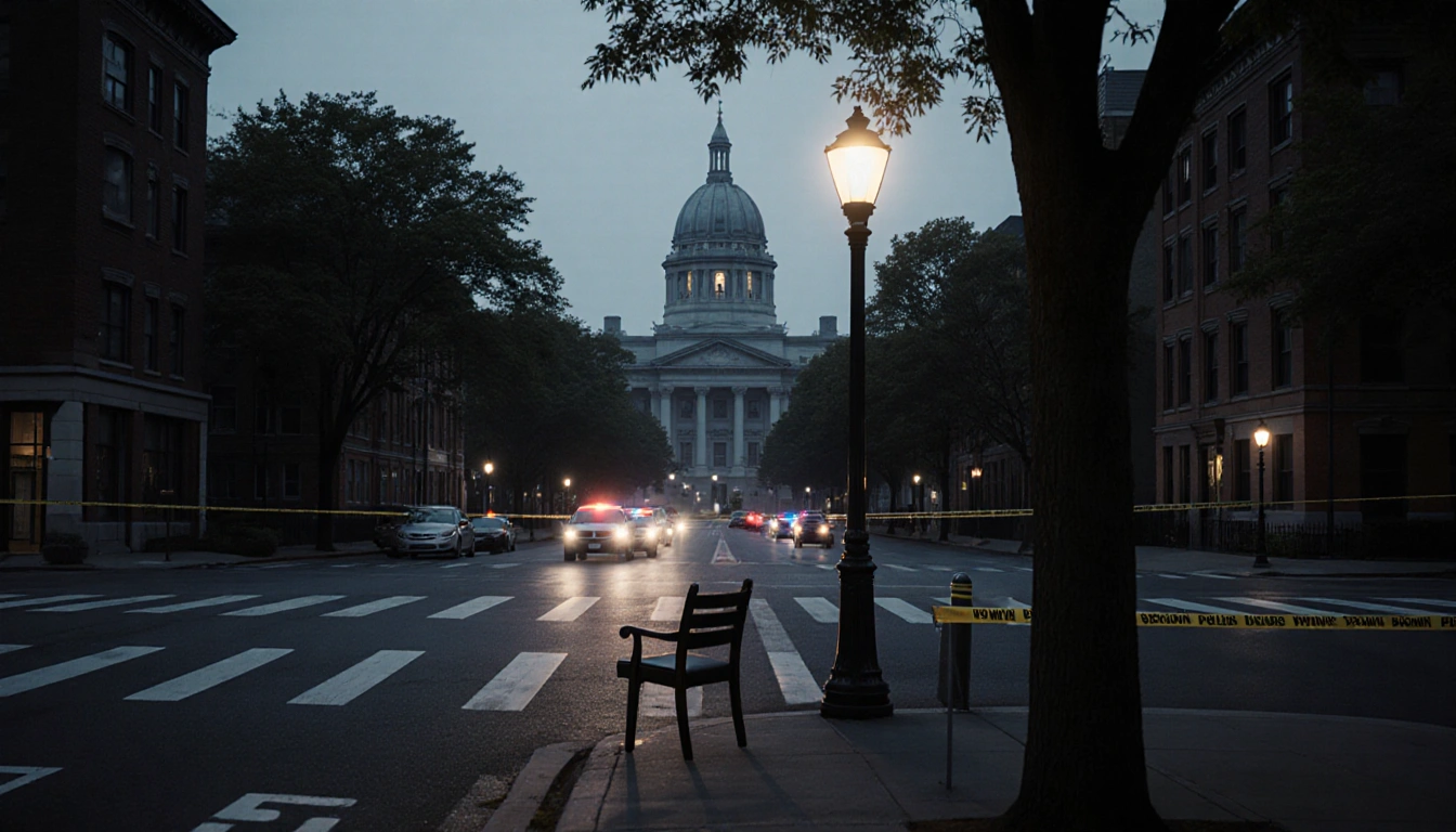 Empty chair sits on a bench with police tape across a Boston intersection and the silhouette of Brown University behind.