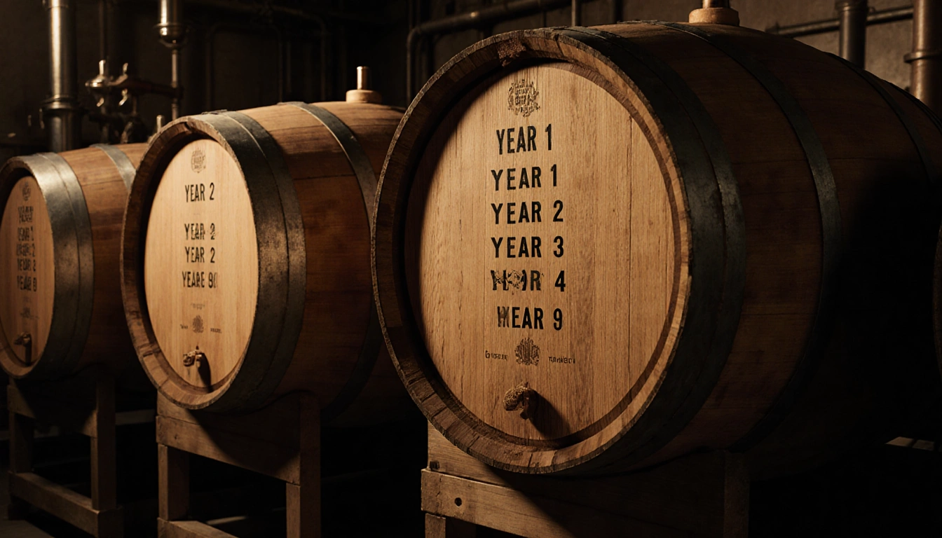 Barrel displaying four oak staves with Year 1 Year 2 Year 3 Year 4 labels and warm golden light on aged bourbon