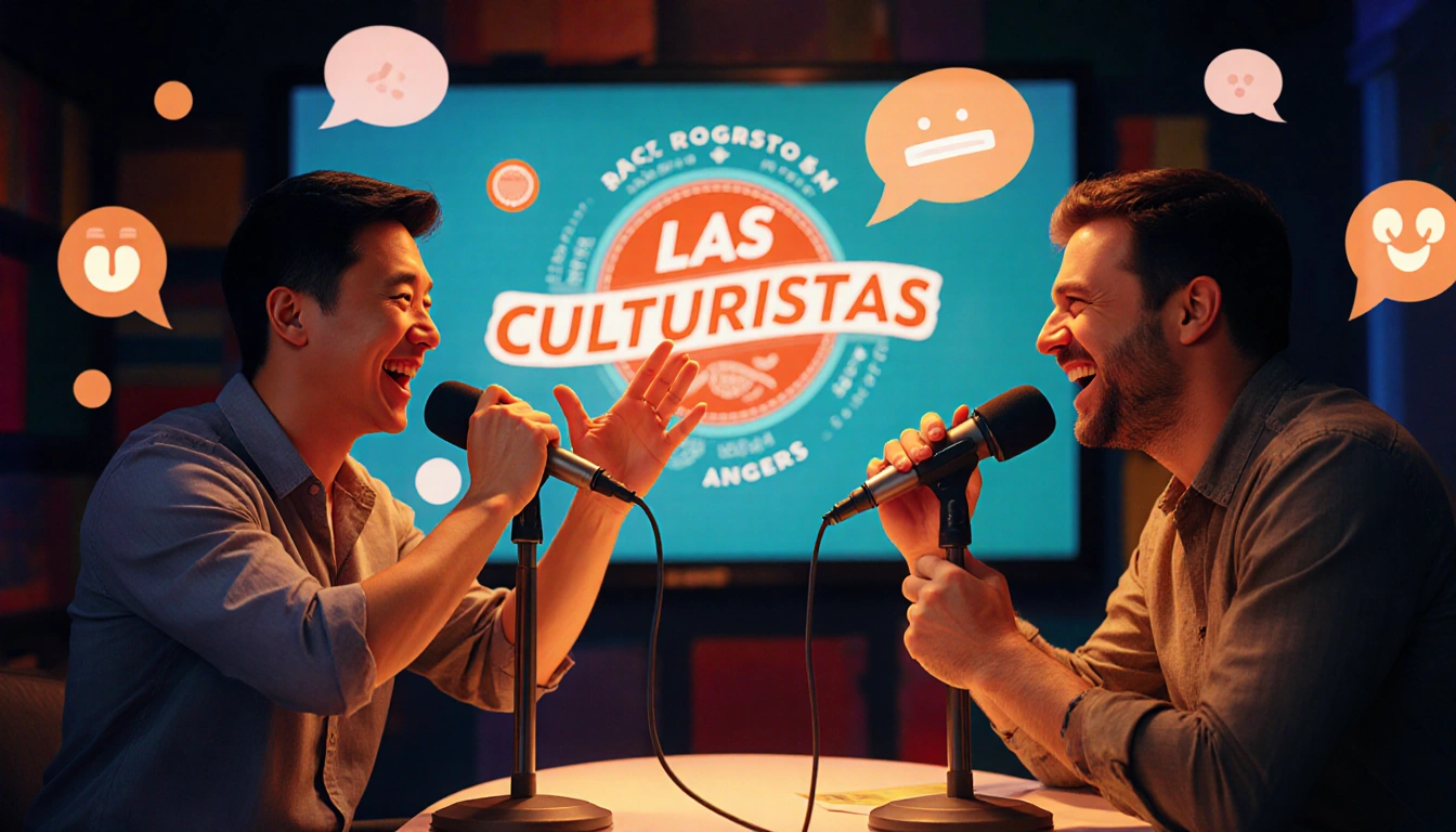 Bowen Yang speaking into a microphone with Matt Rogers nodding and Las Culturistas logo behind them.