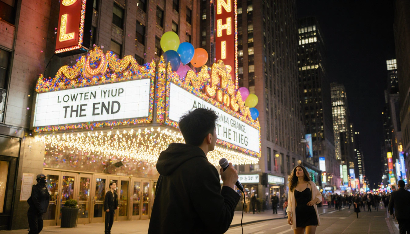 Bowen Yang holding mic with marquee reading The End in front of Rockefeller Center and festive lights