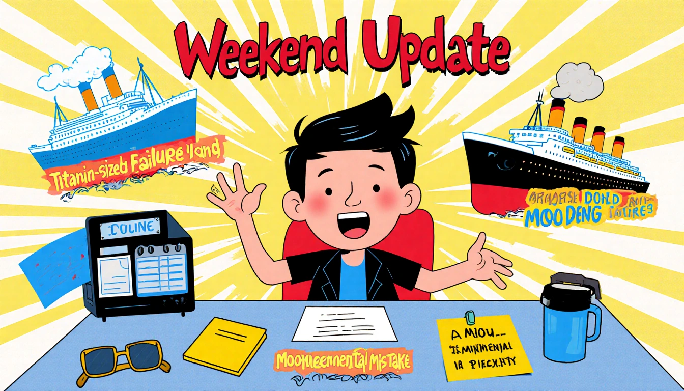 Bowen Yang gesturing with humor at news desk with iceberg prop and bold subtitle Titanic-sized Failure