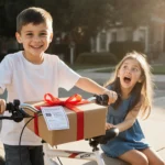 Boy standing beside new bike holding gift box and ribbon with sister surprised on curb beside him