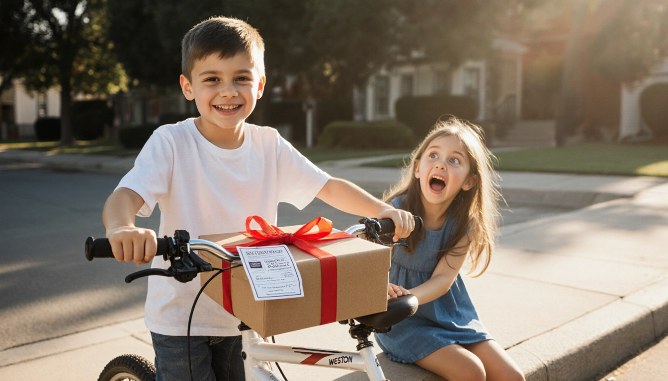 Boy standing beside new bike holding gift box and ribbon with sister surprised on curb beside him