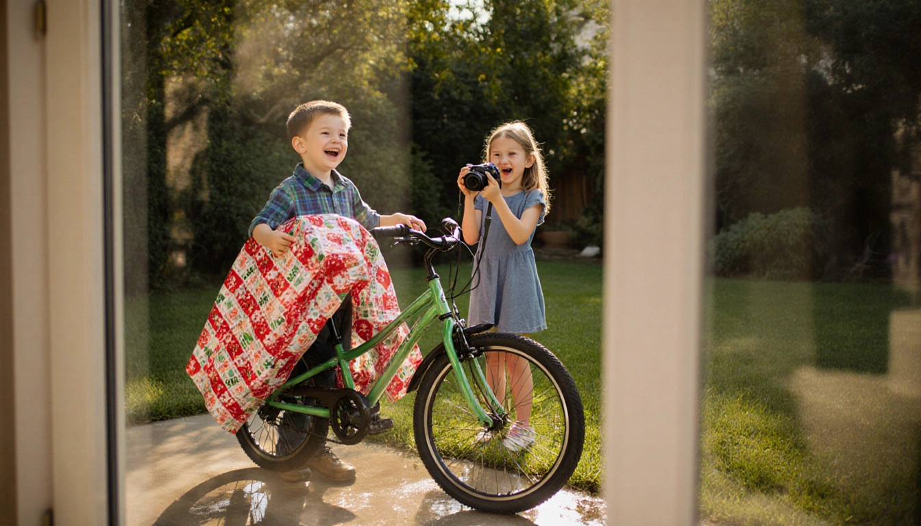 Addysn takes a photo with her camera and Weston smiles beside the new bike in a sunlit backyard