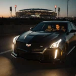 Brandon Aiyuk grinning intensely behind wheel of black Cadillac speedster with sunset glow and Levi
