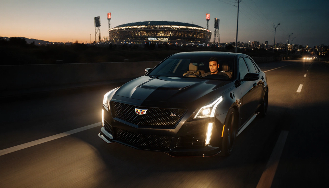 Brandon Aiyuk grinning intensely behind wheel of black Cadillac speedster with sunset glow and Levi