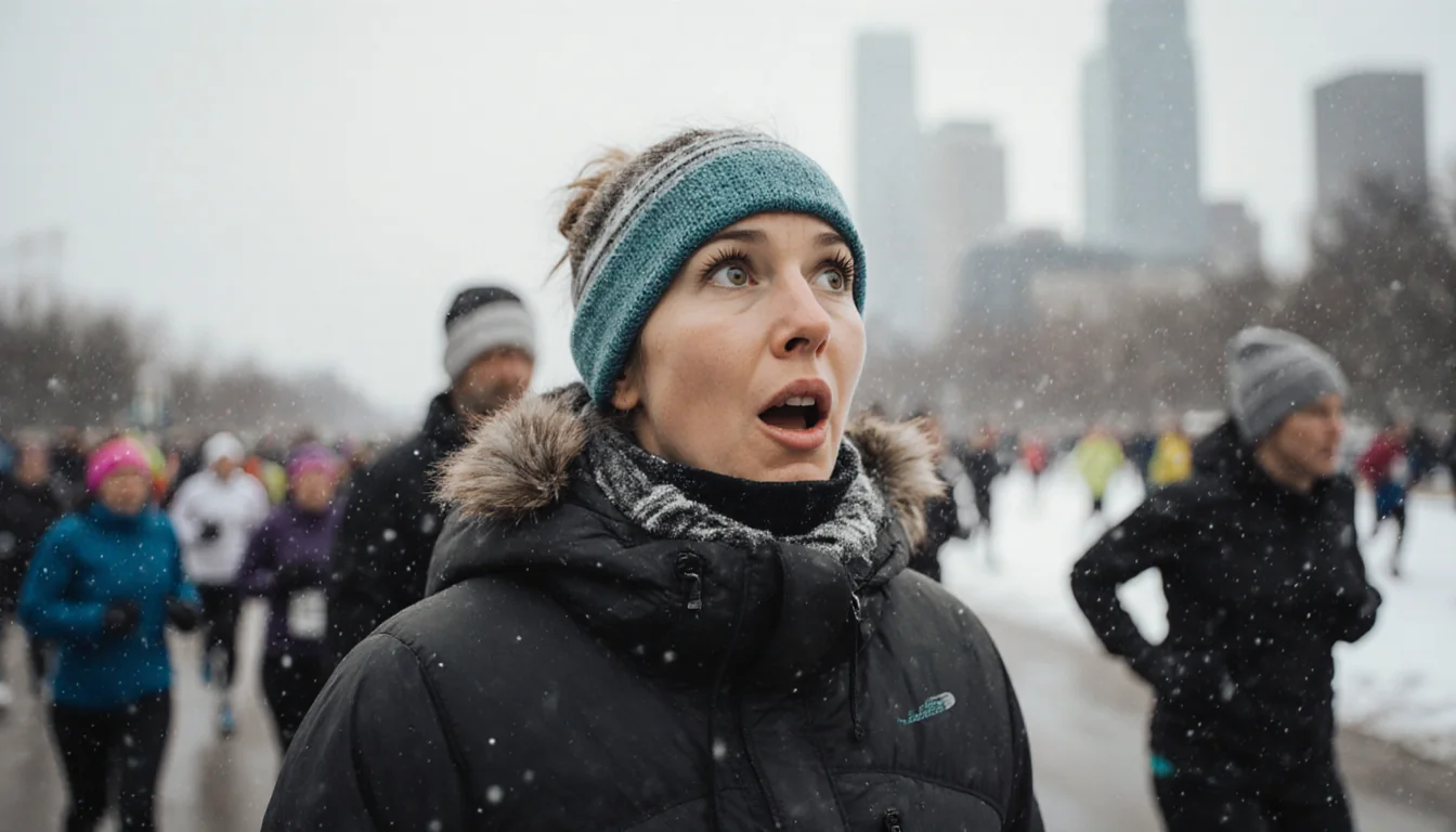 Brandy Liddell stands with surprised expression and warm running gear amid chilly Dallas marathon backdrop with skyline hint