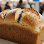 Freshly baked bread resting on a Walmart checkout counter with razor blades embedded in its crust and shoppers blurred behind