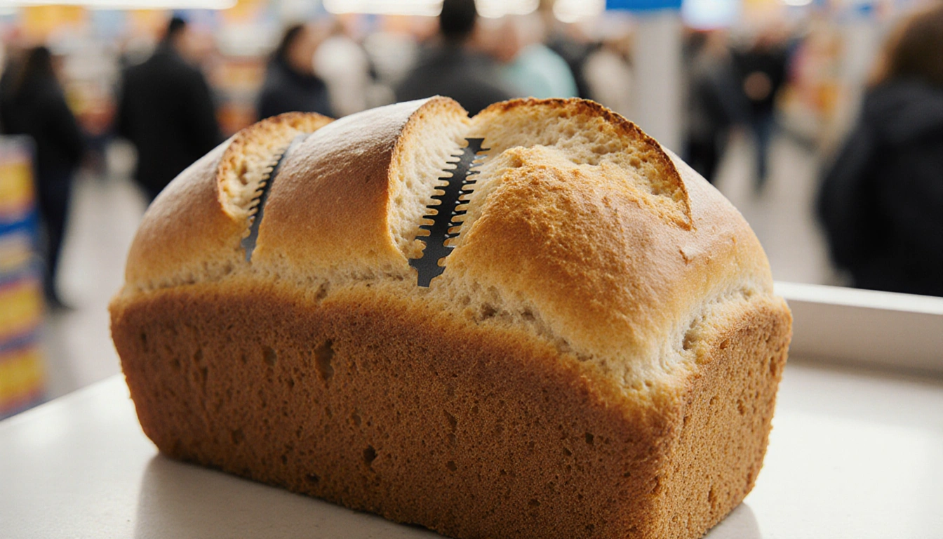 Freshly baked bread resting on a Walmart checkout counter with razor blades embedded in its crust and shoppers blurred behind