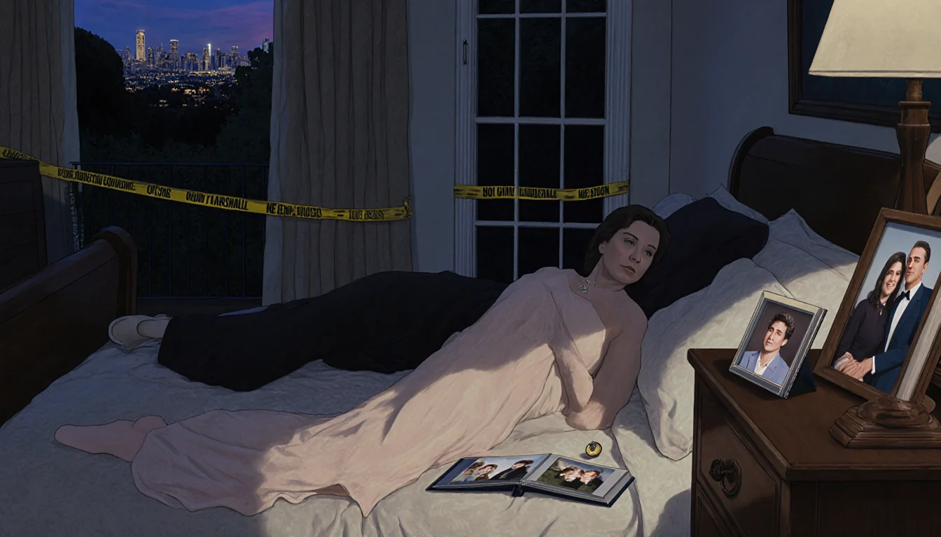 Body lies on floor in mansion with elegant gown and locket near dresser photo album and window showing cityscape at dusk.