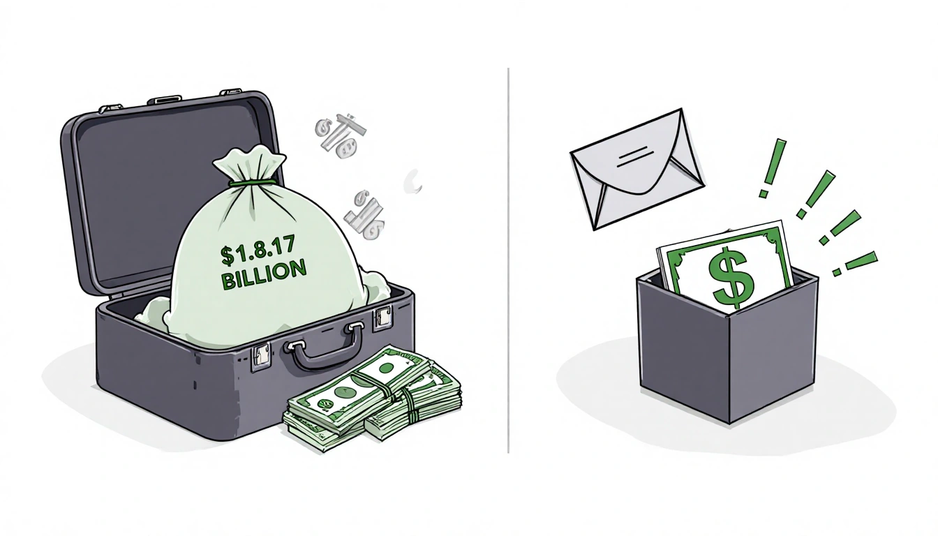 Overflowing briefcase spilling cash showing annuity value with envelope holding smaller cash amount beside