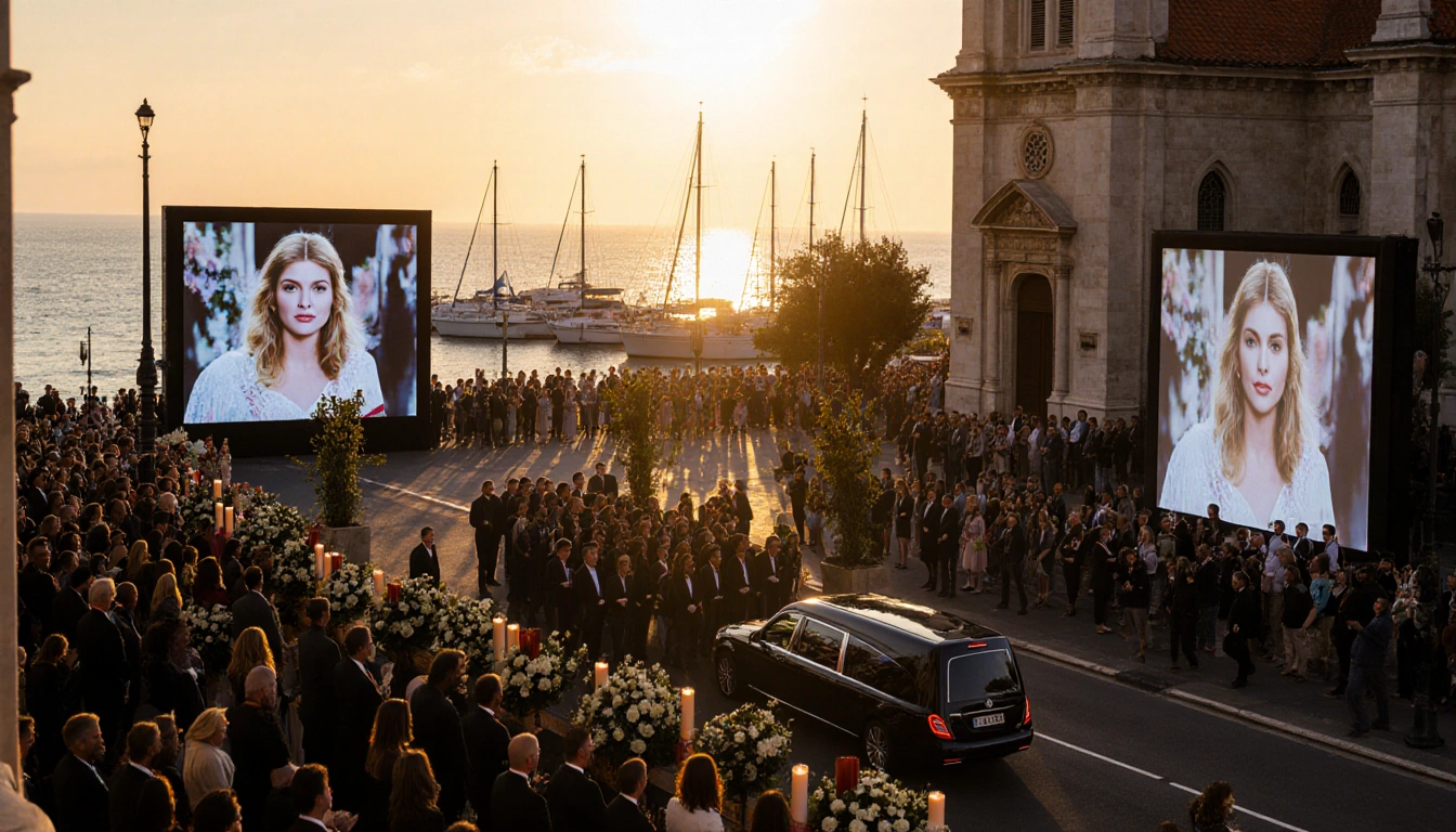 Funeral procession moving along waterfront promenade with golden sunset lighting Notre-Dame-de-l