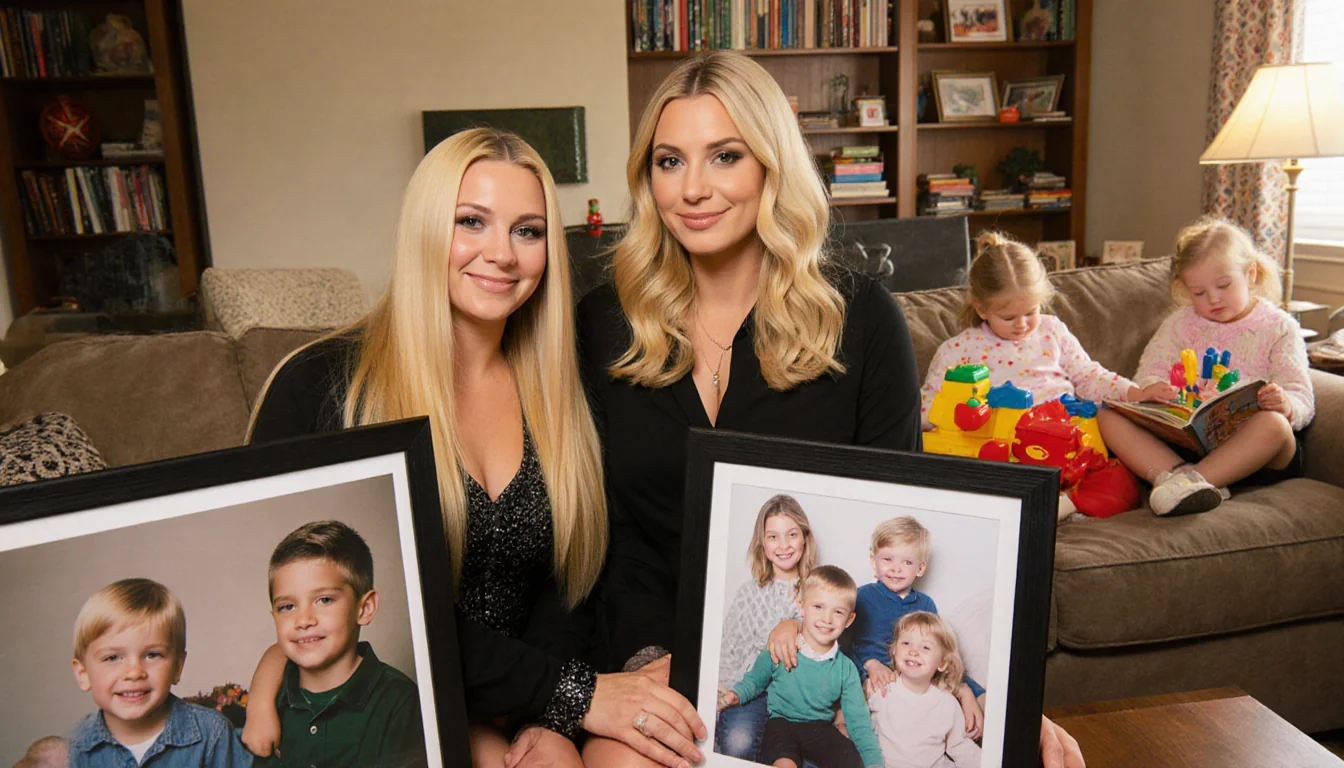 Britney Spears sits in a room with family photos of her sons and Paris Hilton's kids nearby