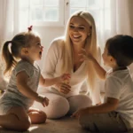 Britney Spears sitting on floor laughing with toddlers in sunny room with plush toys
