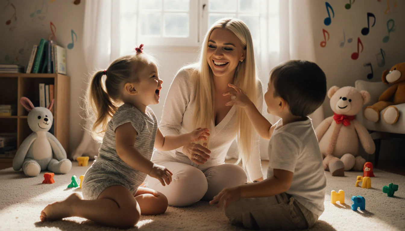 Britney Spears sitting on floor laughing with toddlers in sunny room with plush toys