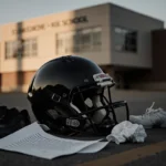 Broken football helmet lying on ground with crumpled letter and athletic shoes with sunset shadows over blurred school buildi