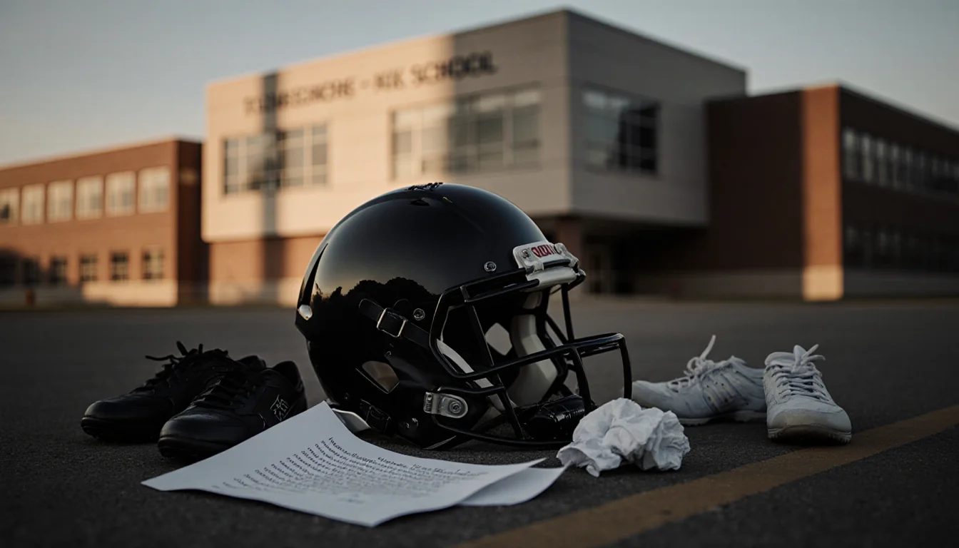Broken football helmet lying on ground with crumpled letter and athletic shoes with sunset shadows over blurred school buildi