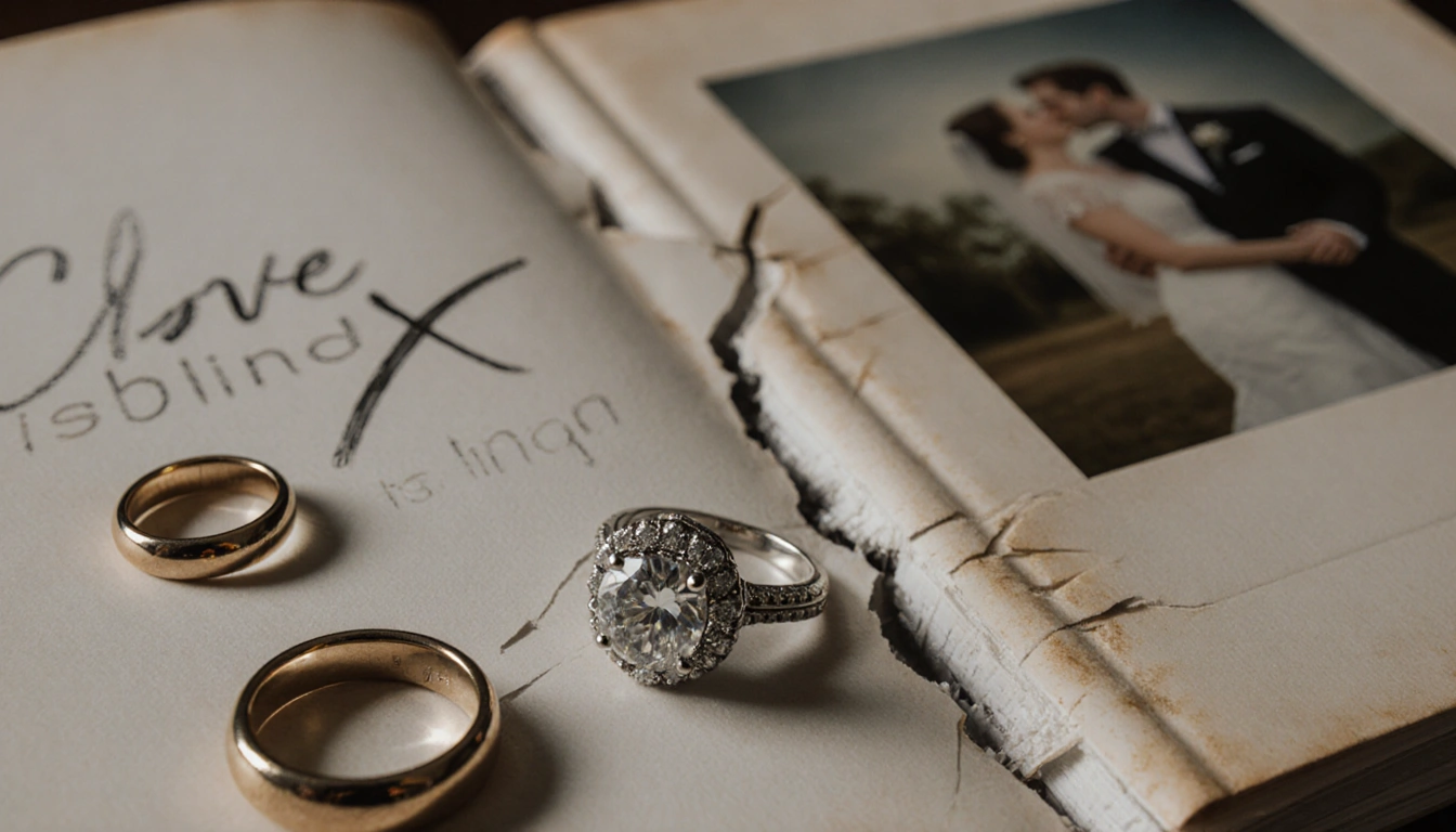 Torn engagement ring lying on ground with torn photo album and faded Love Is Blind background.