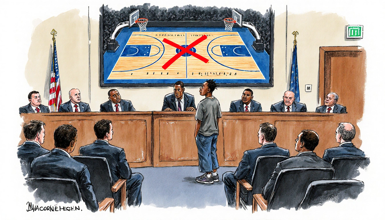 Terry Rozier stands before judge with prosecutors and attorneys in courtroom and screen showing basketball court with red X