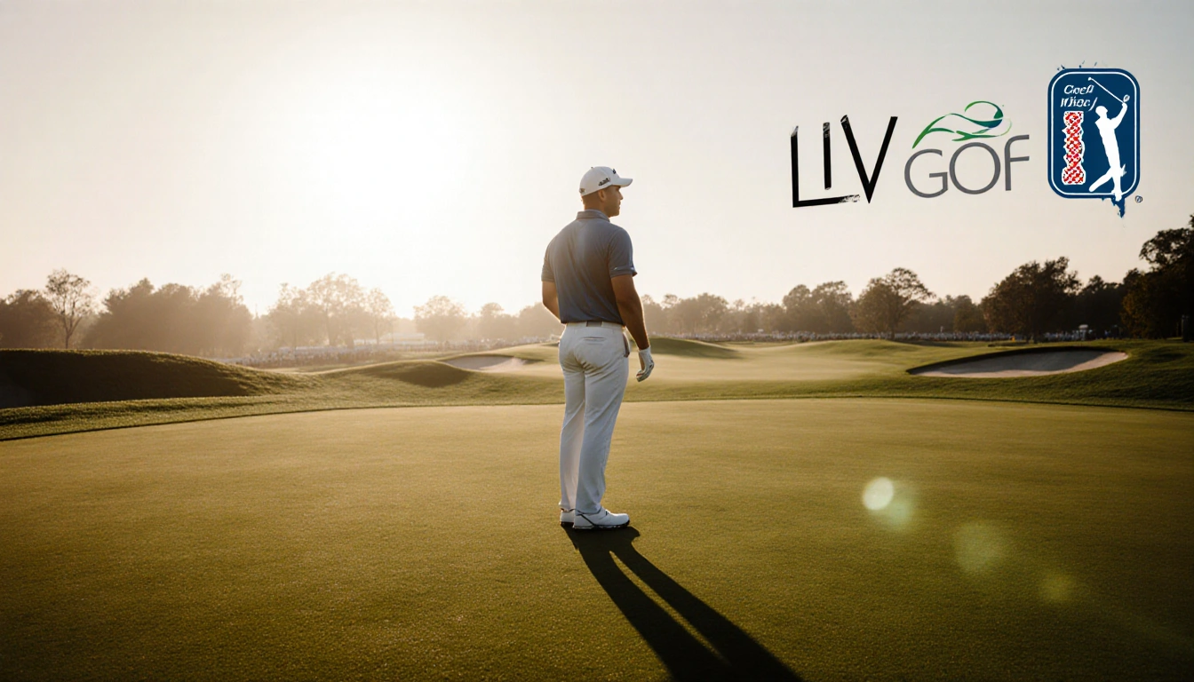 Brooks Koepka standing on lush fairway with warm sunlight and faded LIV Golf logo behind him.