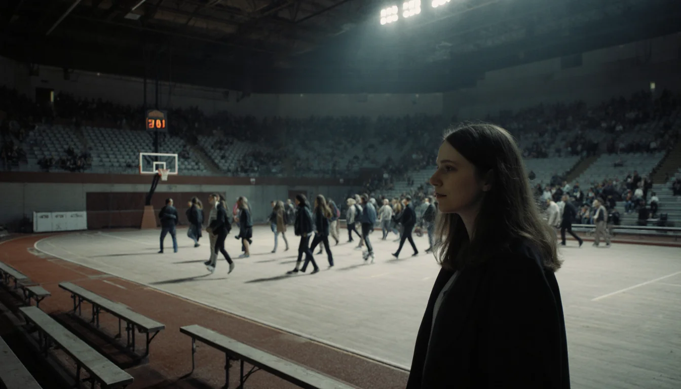 Eva Erickson standing near the edge of a deserted track with empty benches and a fading crowd leaving in the background.