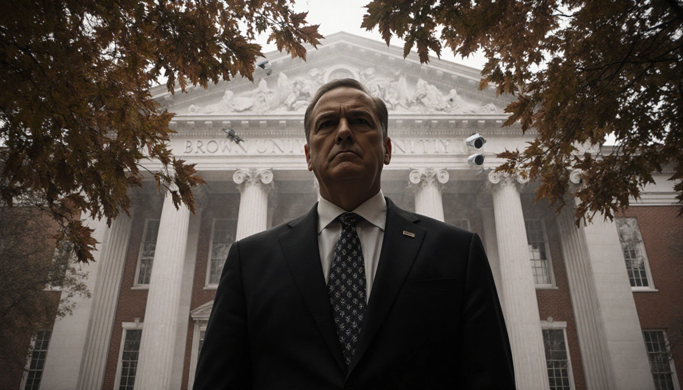 Brown University administrator standing under leafy canopy on campus with autumn mist and ivy building in background