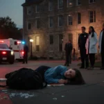 Young woman lying on Brown campus quad with police lights sirens and medical staff nearby