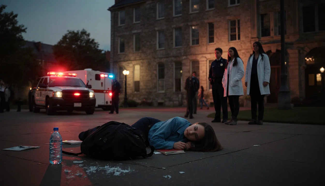 Young woman lying on Brown campus quad with police lights sirens and medical staff nearby
