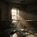 Broken window frame casts beam of light with shattered glass and overturned chairs in a police tape Brown University classroo