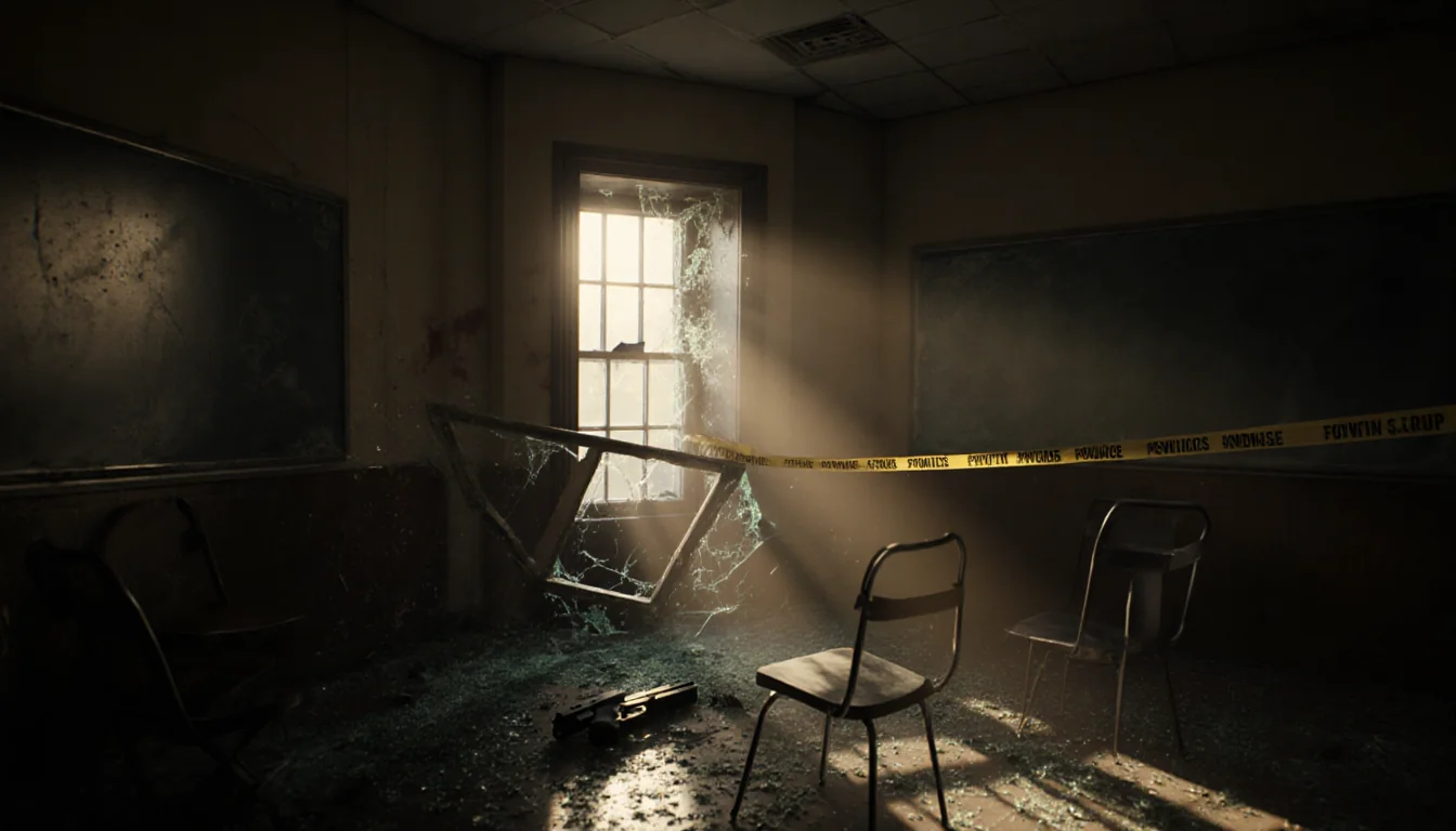 Broken window frame casts beam of light with shattered glass and overturned chairs in a police tape Brown University classroo