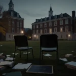 Empty chairs sit on grassy lawn with autumn leaves and scattered books near historic Brown campus