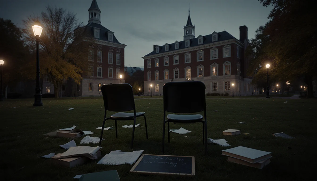 Empty chairs sit on grassy lawn with autumn leaves and scattered books near historic Brown campus