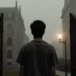 Person standing at metal gate with misty backdrop of Brown University historic architecture
