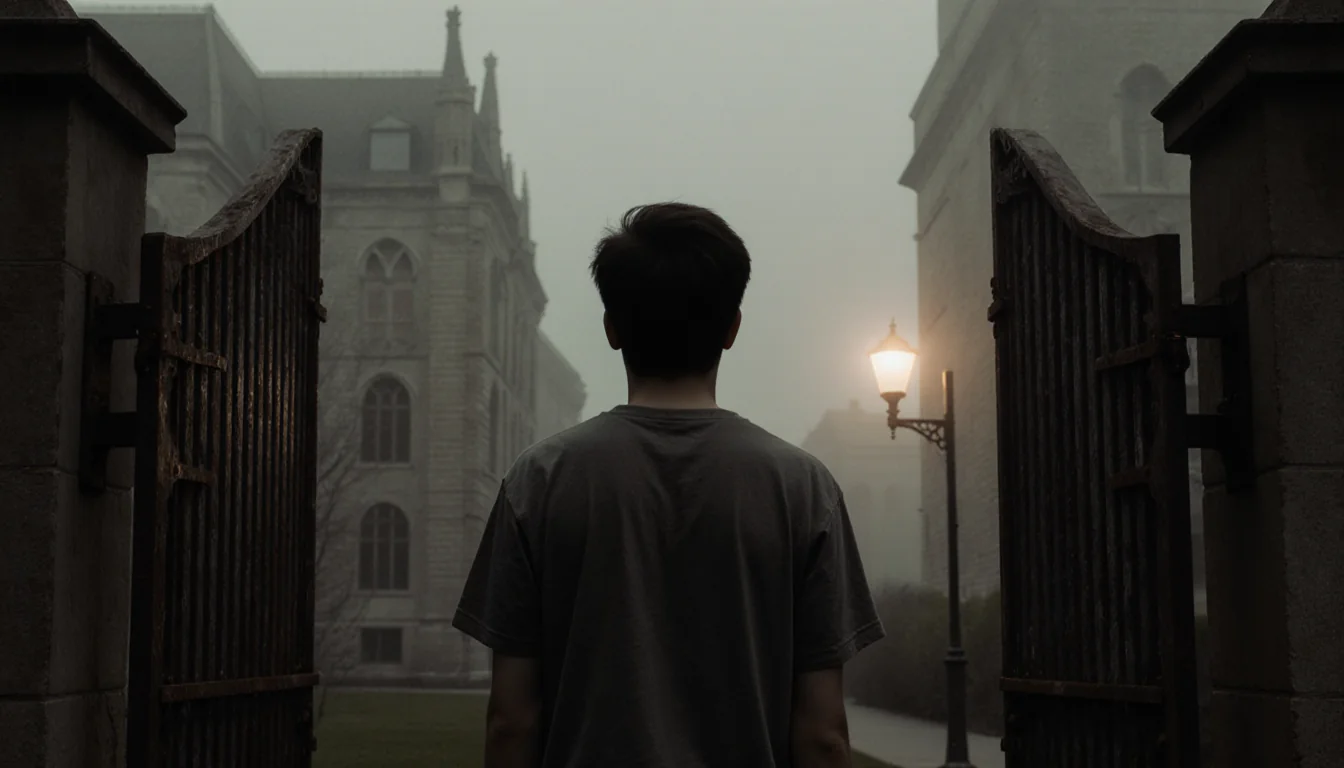 Person standing at metal gate with misty backdrop of Brown University historic architecture