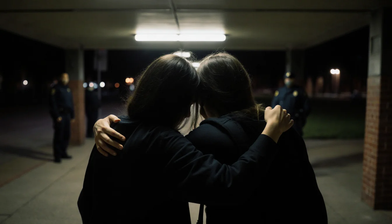 Students huddling on Brown quad with fluorescent lights and a guard in distance one hand on another’s shoulder