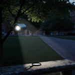 Camera lens casting glow on leaves with tree branch over a dusk Brown quad and a magnifying glass on a stone bench